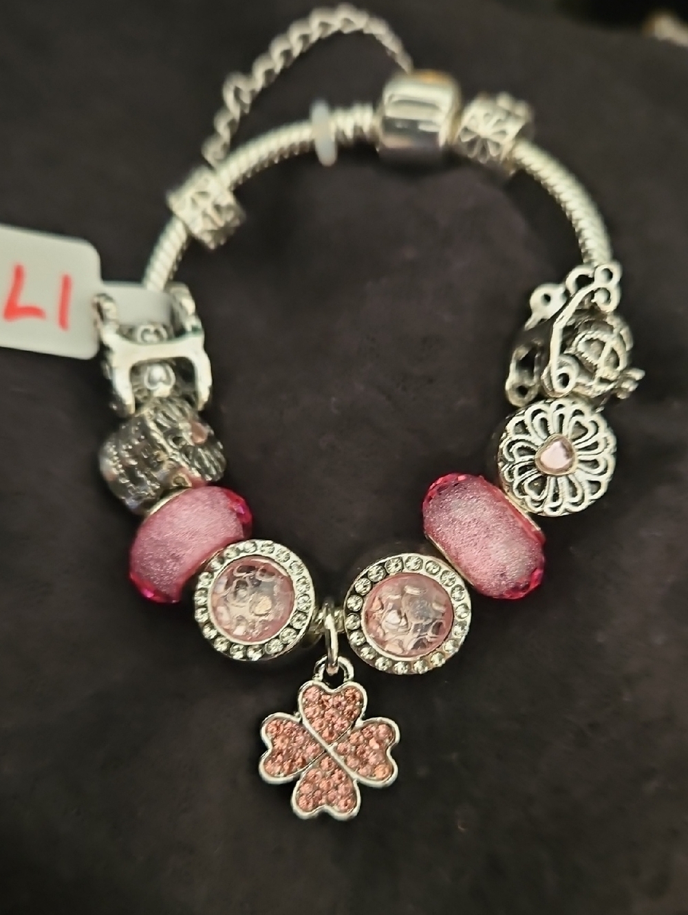 Silver Charm Bracelet with Pink Crystal Beads